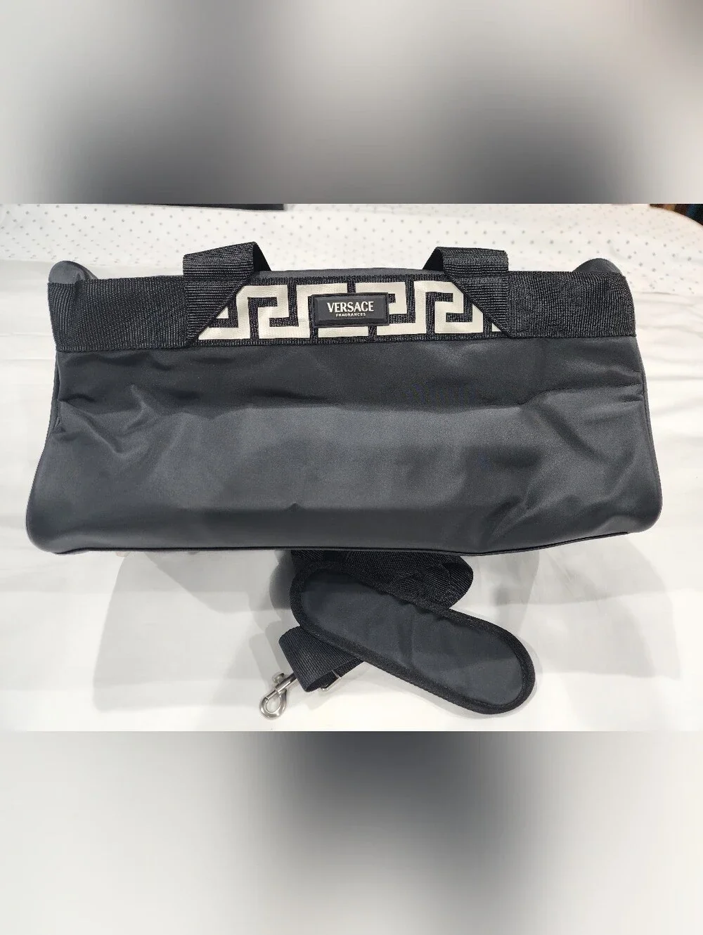 Versace Black Duffel Bag with Silver Greek Key Accents